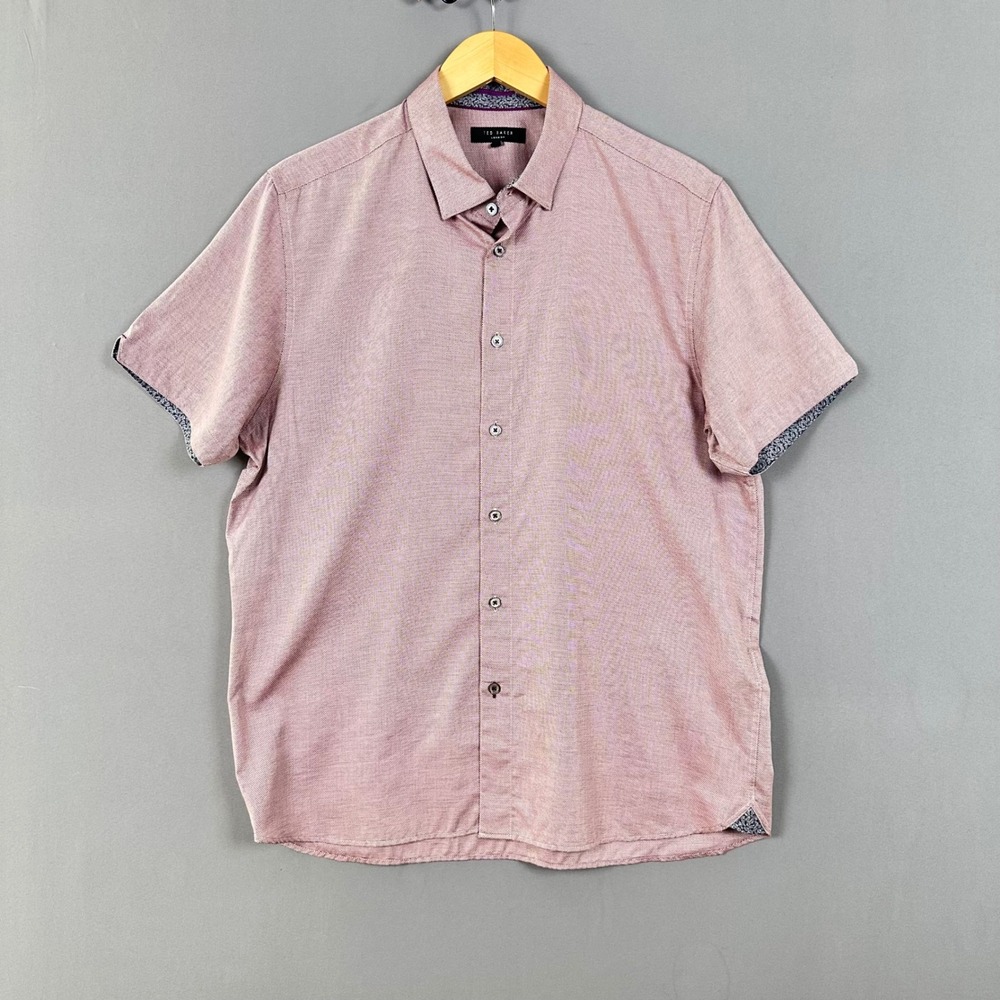 Ted Baker London Mens Short Sleeve Shirt Pink Birdseye Size 5‎ XL  Floral Trim